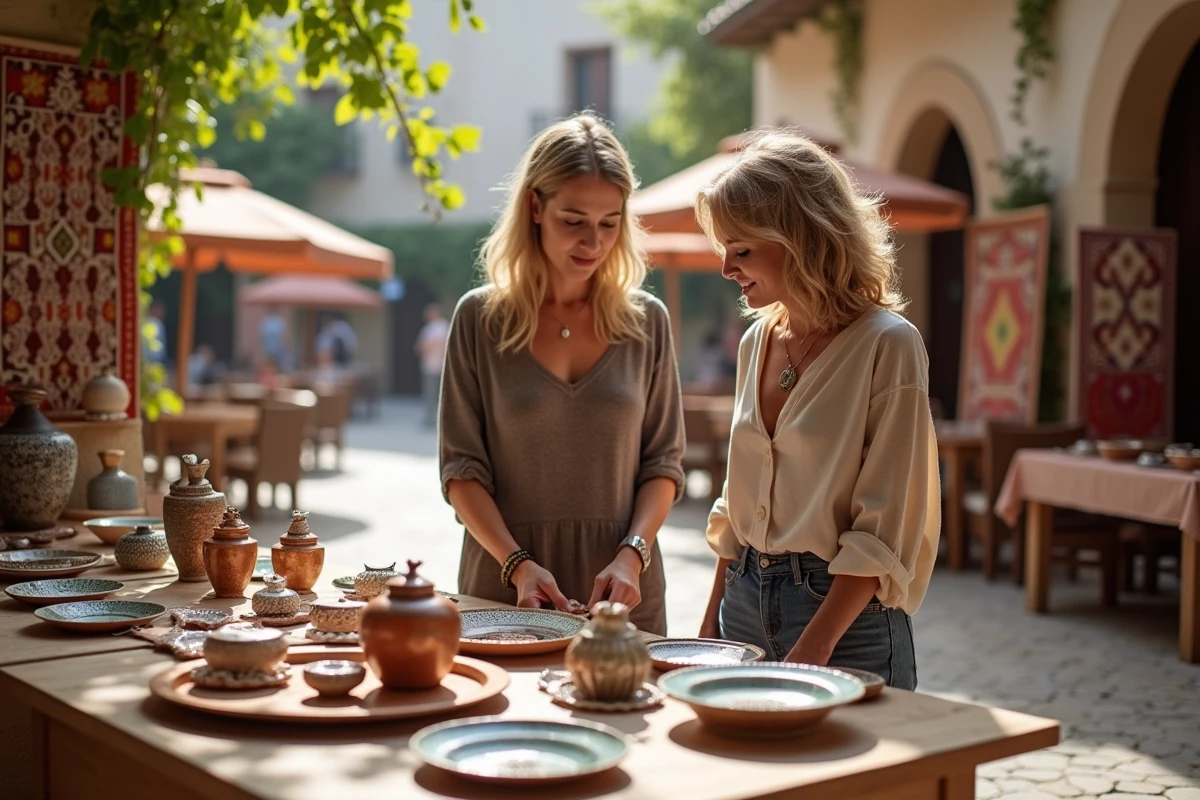 Deux femmes examinant des poteries marocaines peintes à la main et des bijoux en argent sur un stand de foire commerciale orientale en plein air, avec kilims et plateaux en cuivre en arrière-plan