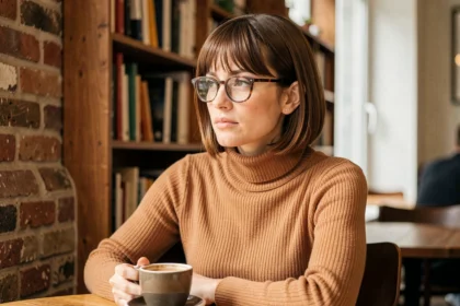 Femme aux cheveux bruns avec une frange rideau et des lunettes à monture écaille dans un café parisien