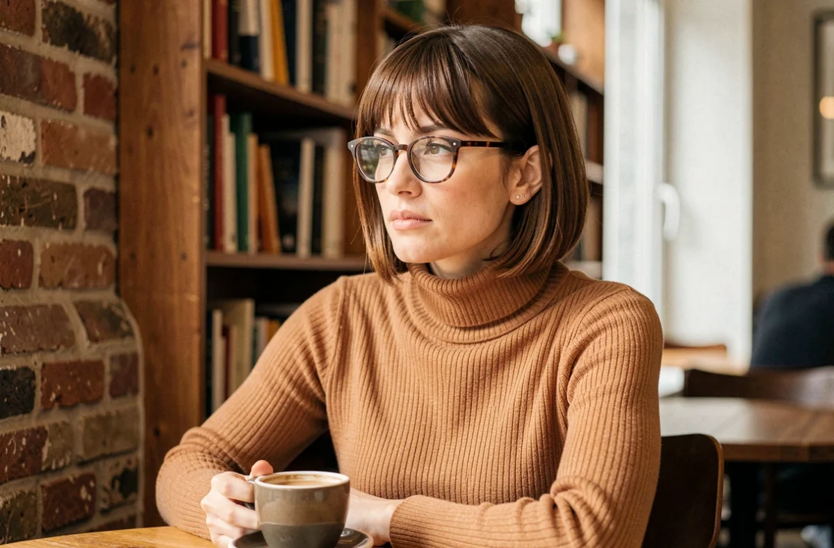 Femme aux cheveux bruns avec une frange rideau et des lunettes à monture écaille dans un café parisien