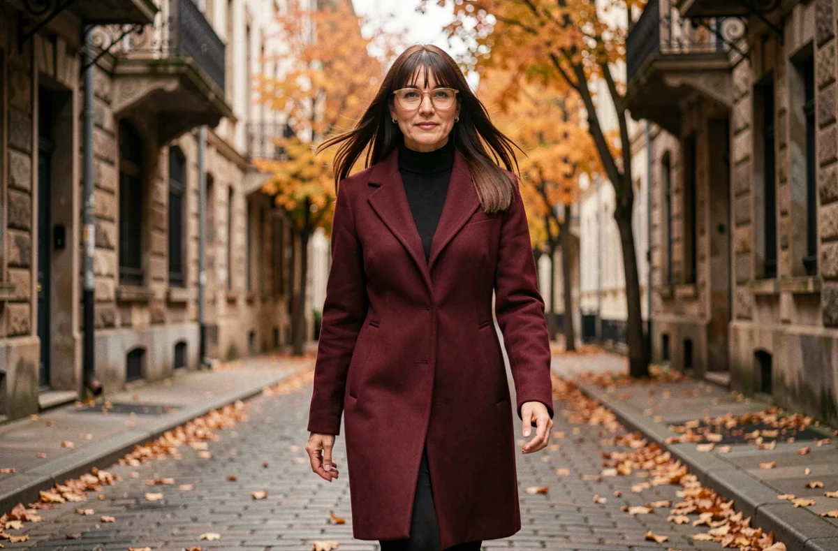 Femme brune avec frange rideau et lunettes œil-de-chat dorées marchant sur un boulevard parisien en automne