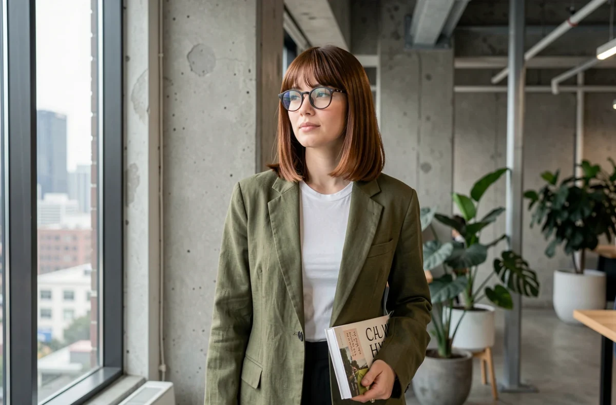 Jeune femme brune avec frange rideau et lunettes rondes noires dans un espace de coworking moderne