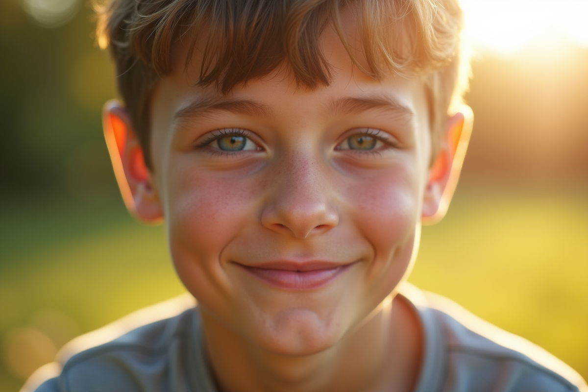 Jeune garçon adolescent aux yeux bleus expressifs en plein air