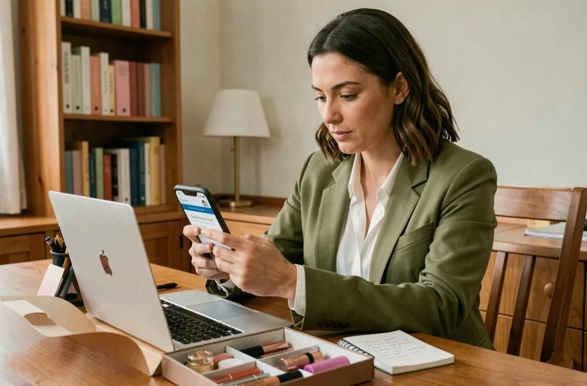 Femme gérant son abonnement box beauté sans engagement depuis son bureau à domicile, smartphone en main avec des produits cosmétiques ouverts