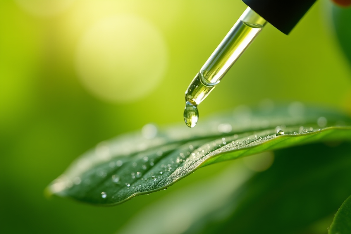 Goutte de serum sur une feuille verte au matin avec lumière douce