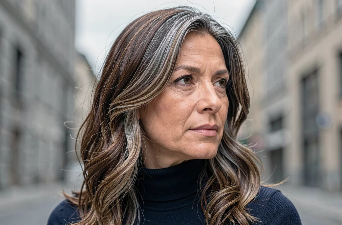Portrait en gros plan d'une femme aux cheveux bruns colorés avec un grey blending sur base colorée, transition gris et brun visible aux racines