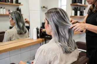 Femme brune en cours de grey blending en salon de coiffure, transition naturelle entre cheveux bruns et gris argenté