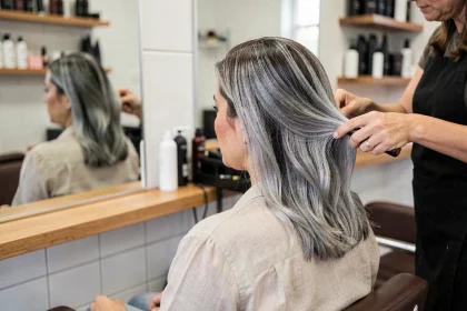 Femme brune en cours de grey blending en salon de coiffure, transition naturelle entre cheveux bruns et gris argenté