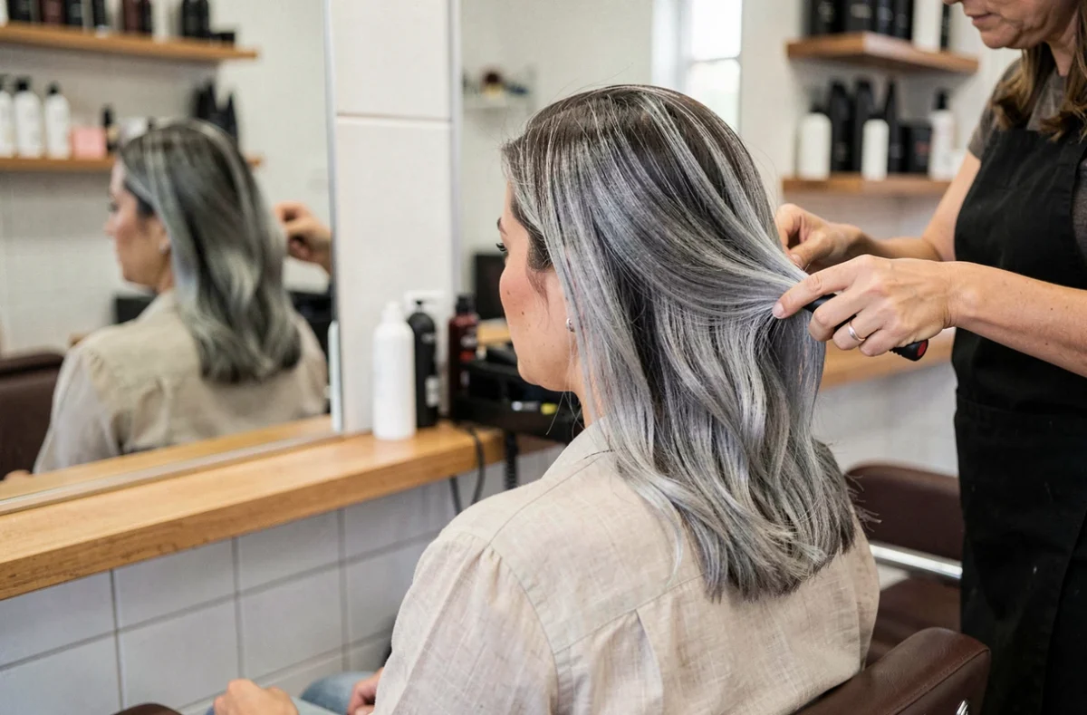 Femme brune en cours de grey blending en salon de coiffure, transition naturelle entre cheveux bruns et gris argenté