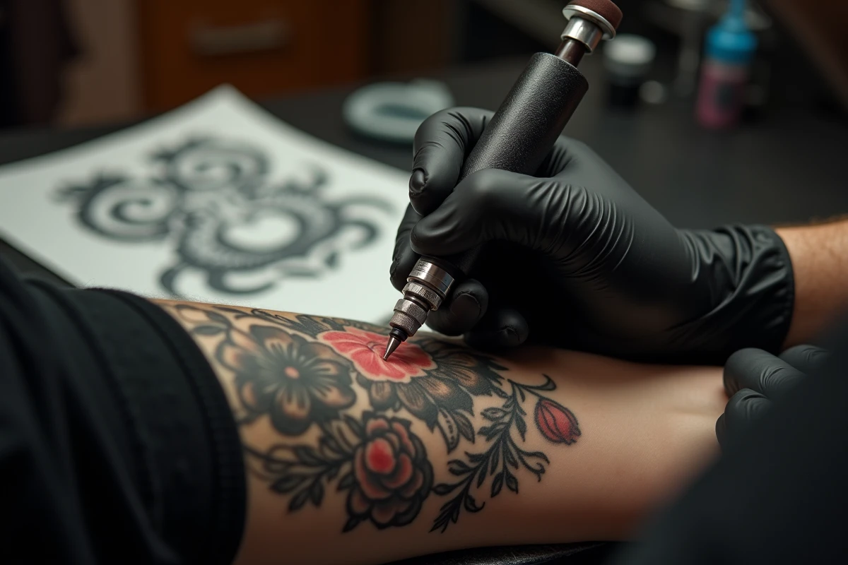 Gros plan sur les mains d'un tatoueur à Toulouse en train de couvrir un ancien tatouage avec un motif floral détaillé