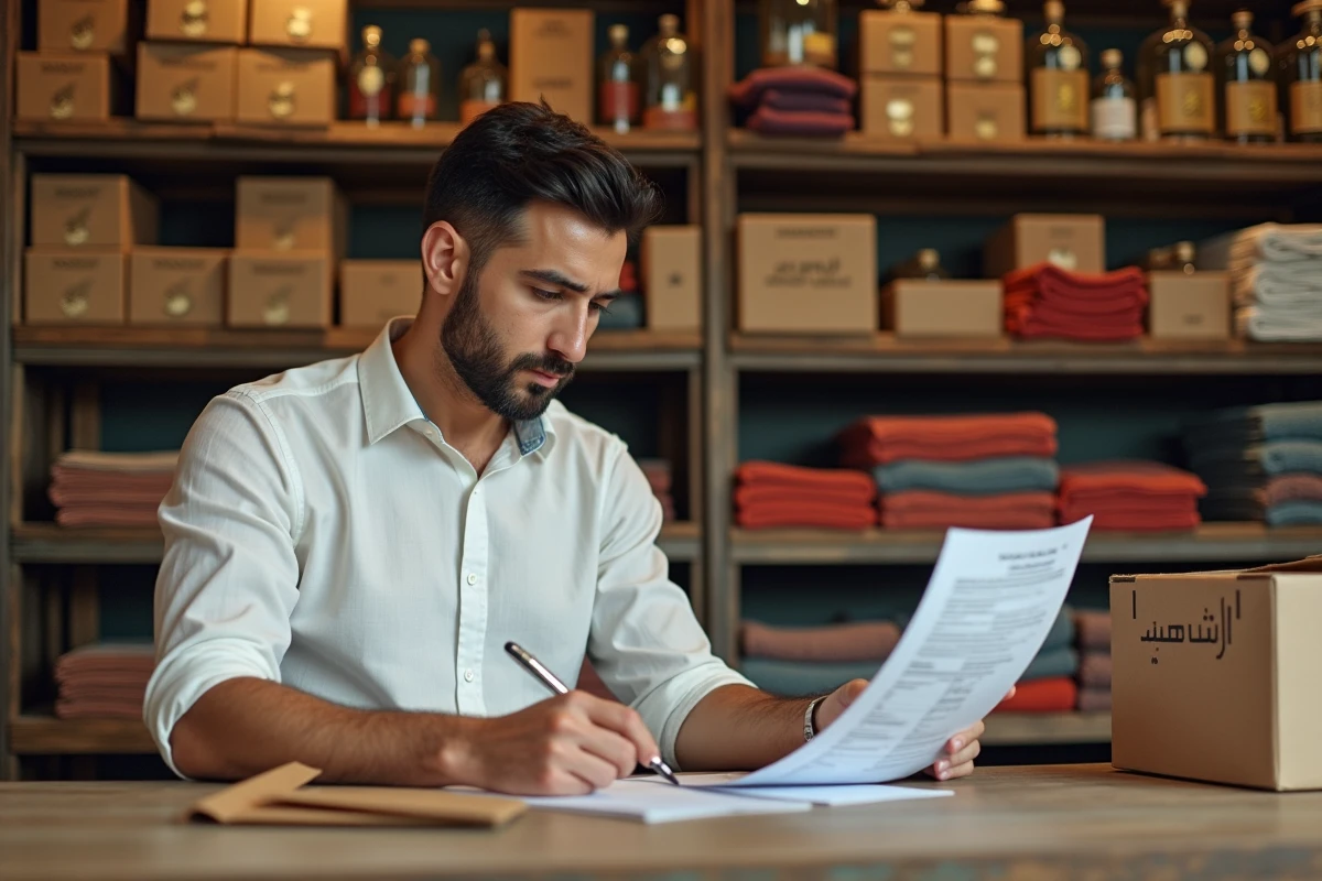 Entrepreneur consultant des factures de grossiste dans un entrepôt de produits orientaux, entouré de marchandises artisanales emballées, huiles d'argan et textiles hammam en gros