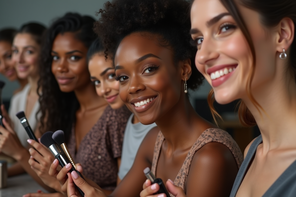 Groupe de maquilleurs divers souriants avec pinceaux et palettes