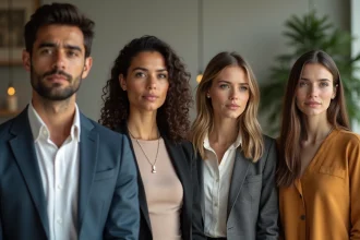 Groupe de quatre adultes élégants et décontractés en studio