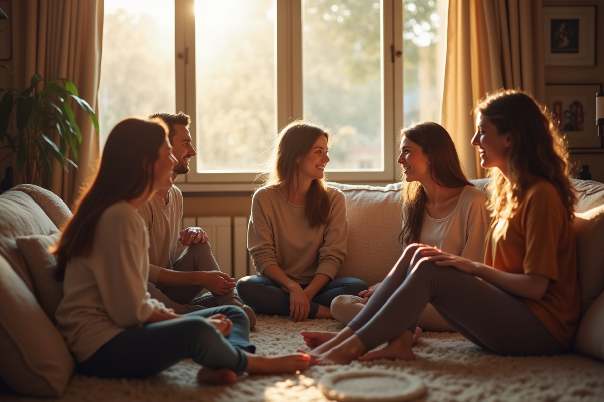 Groupe d adultes discutant dans un salon lumineux