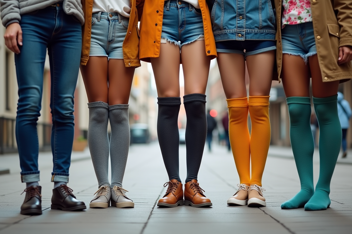 Groupe d'adultes en chaussettes colorées sur le trottoir urbain