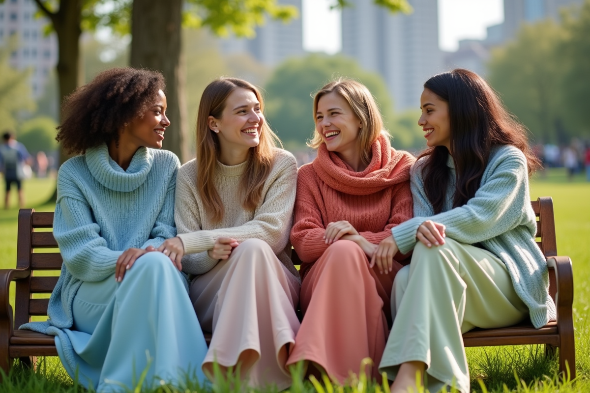 Groupe d amis en tenues tendance dans un parc urbain