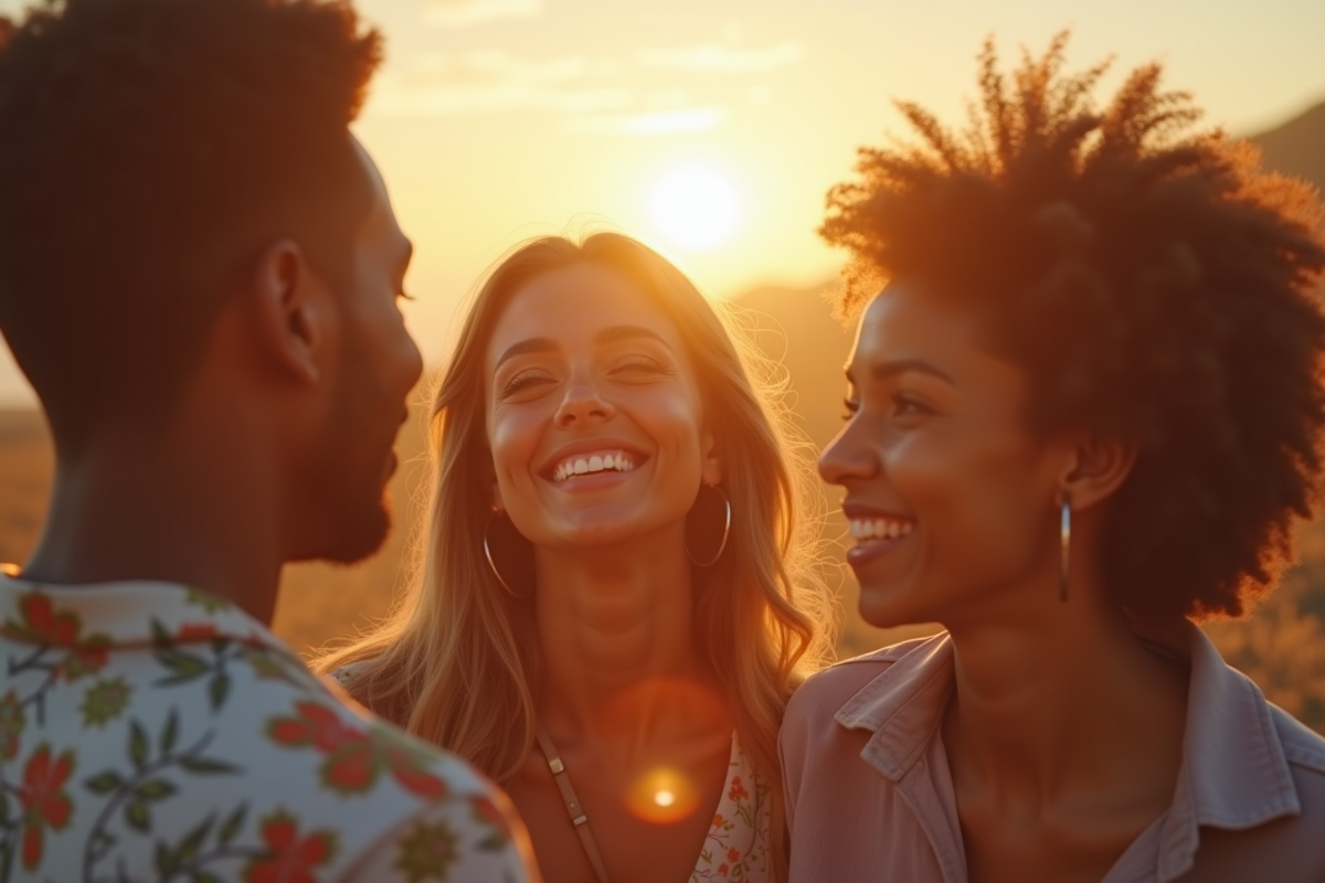 Groupe d'amis souriants en plein air lors du coucher de soleil