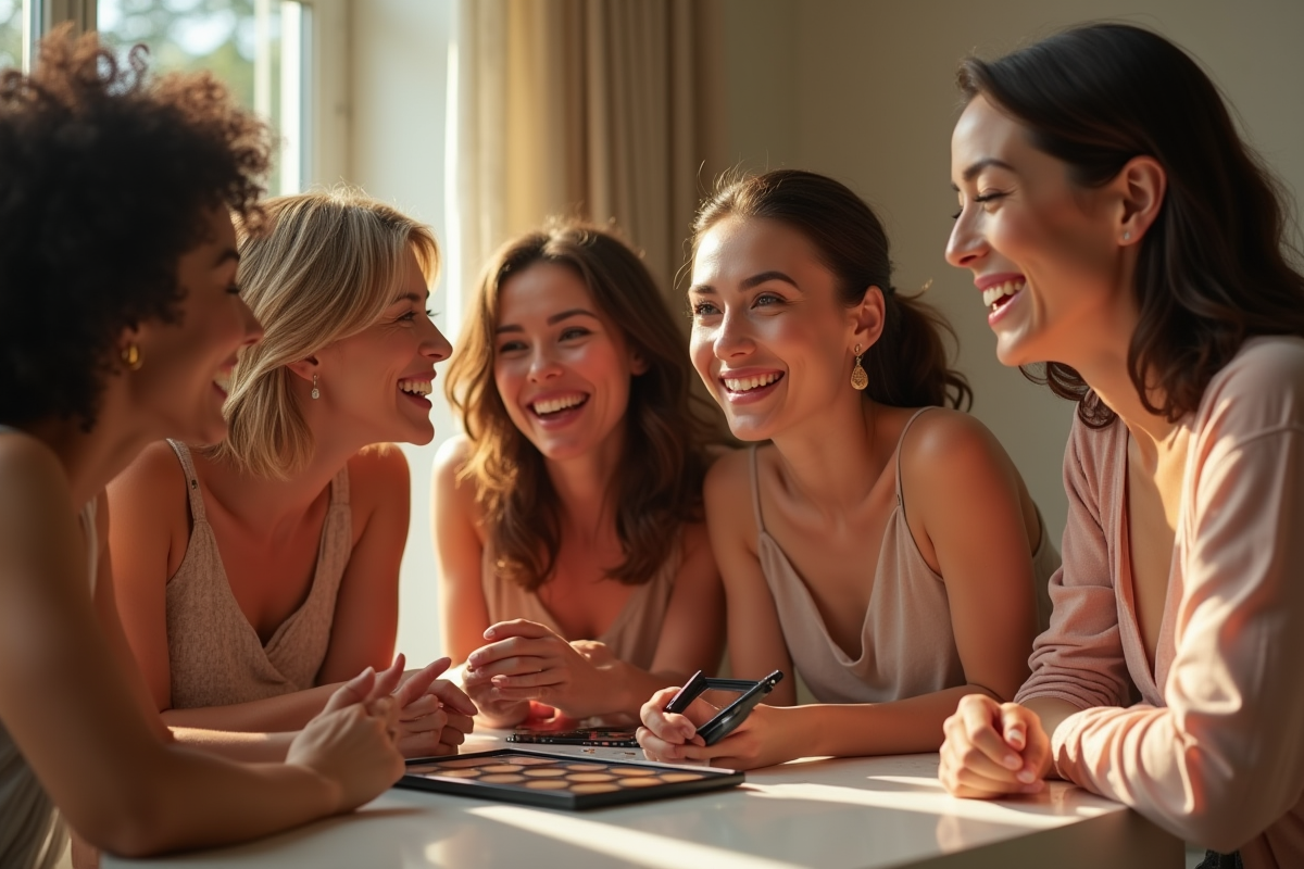 Groupe de femmes partageant maquillage et rires au matin
