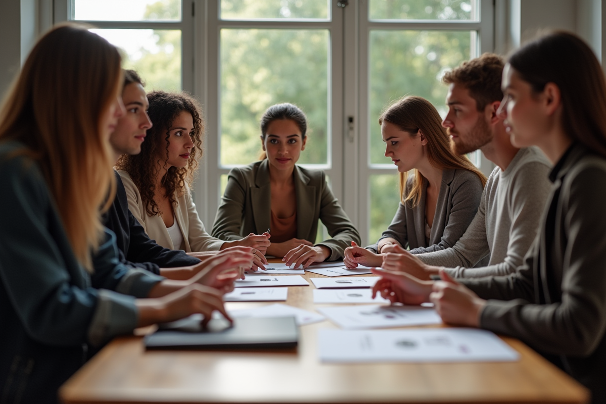 Groupe de modèles discutant avec un coach dans un studio lumineux