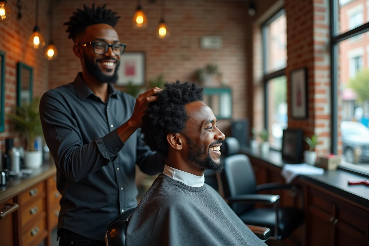Homme noir coiff&eacute; dans un barbershop authentique et convivial