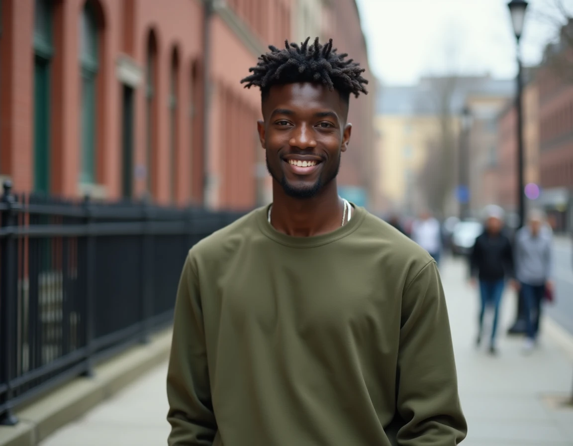 Homme afro en extérieur urbain arborant une coupe taper avec dégradé parfaitement réalisé