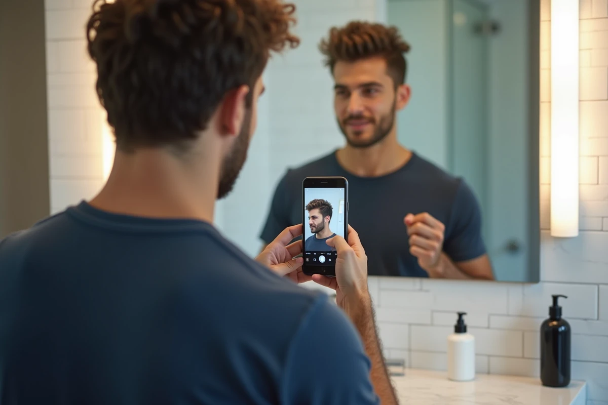 Homme consultant une application de simulation de coiffure sur smartphone dans une salle de bain moderne