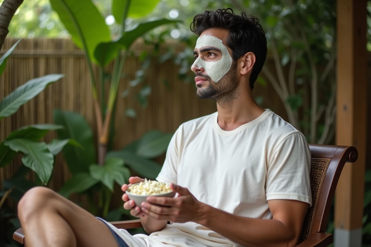 Jeune homme pr&eacute;parant un masque au jasmin dans un jardin balinais