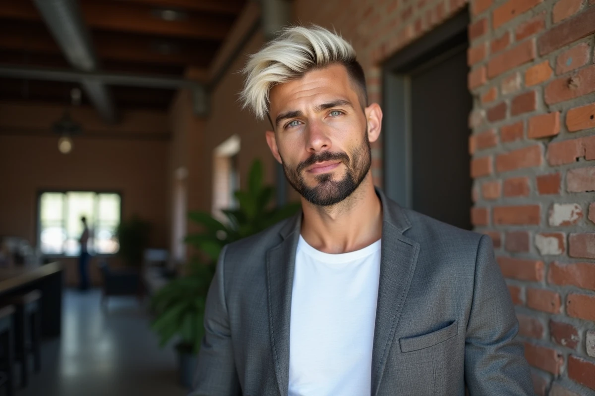 Homme confiant avec cheveux blonds dans un loft industriel