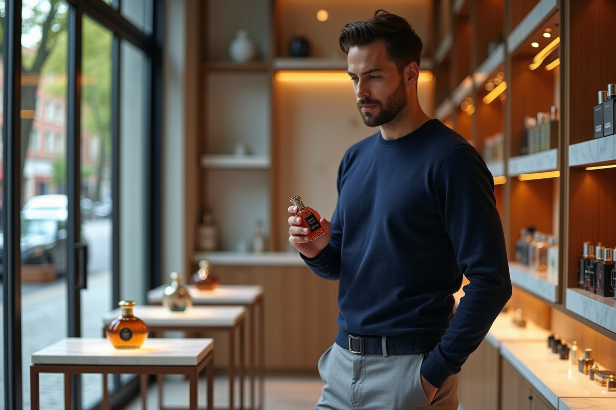 Homme élégant dans une boutique de parfums haut de gamme