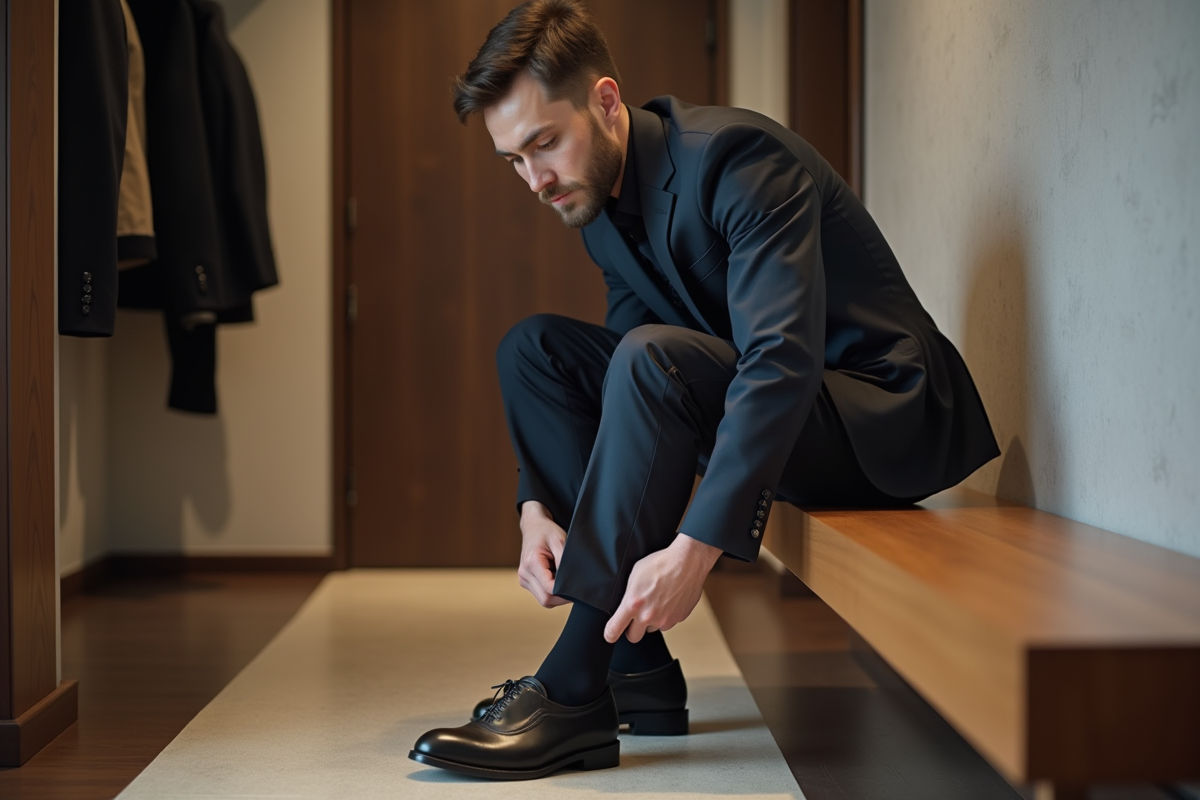 Jeune homme préparant ses chaussettes avant de mettre ses chaussures