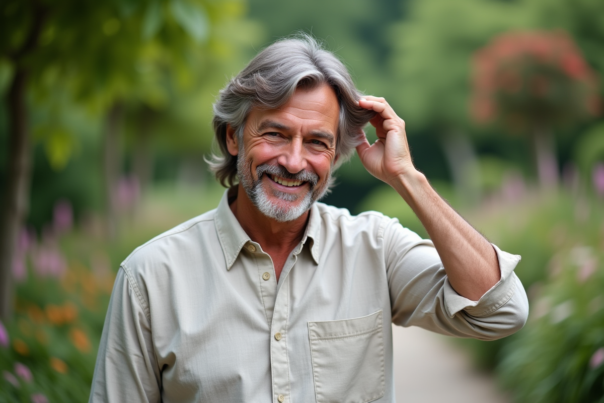 Homme aux cheveux longs et soignés dans un jardin botanique