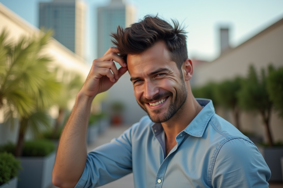 Homme avec coiffure texturée en fade en extérieur