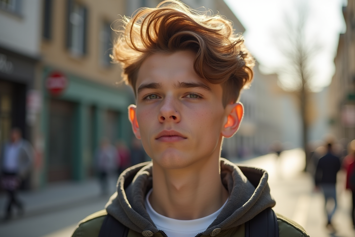 Jeune homme aux cheveux ondulés en undercut en extérieur