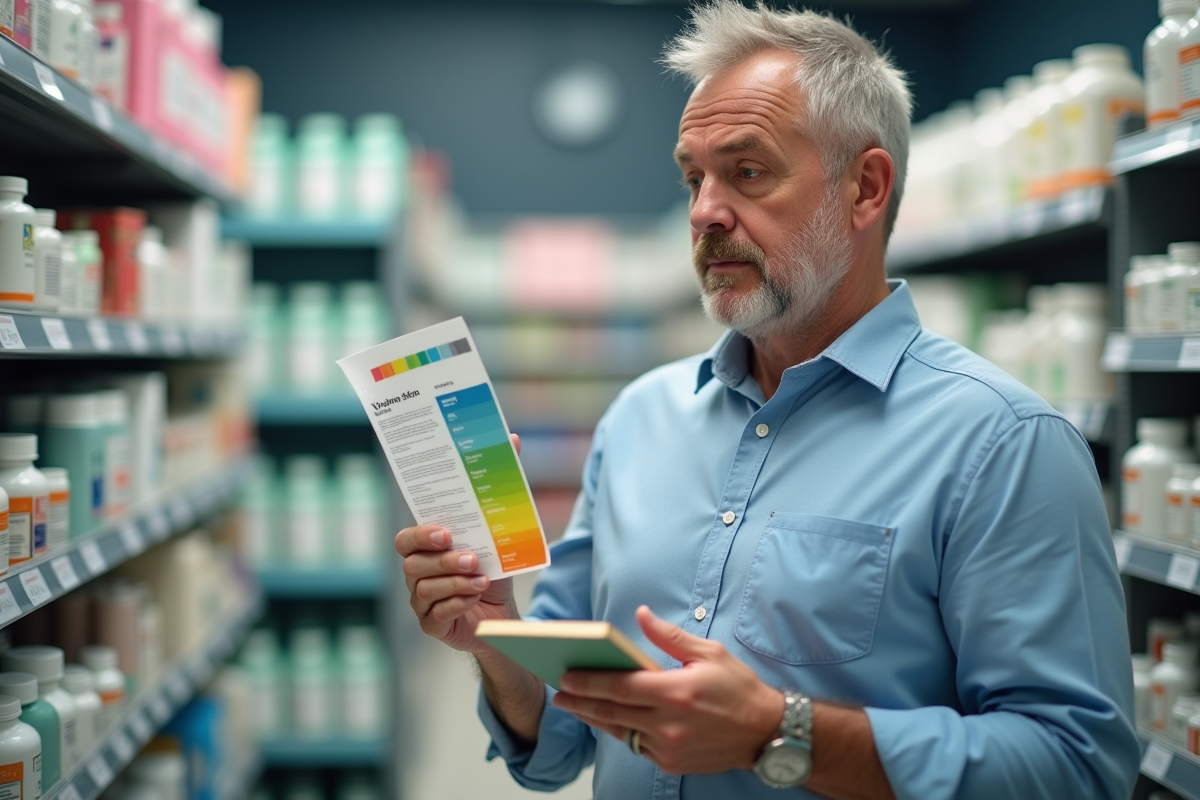 Homme sélectionnant une vitamine dans une pharmacie avec un nuancier de peau