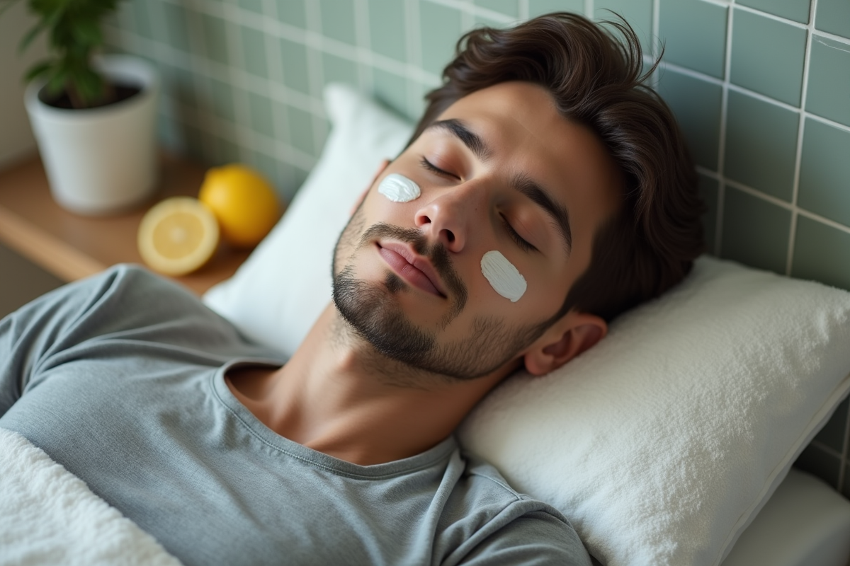 Jeune homme dormant avec crème au citron sur le visage dans la salle de bain