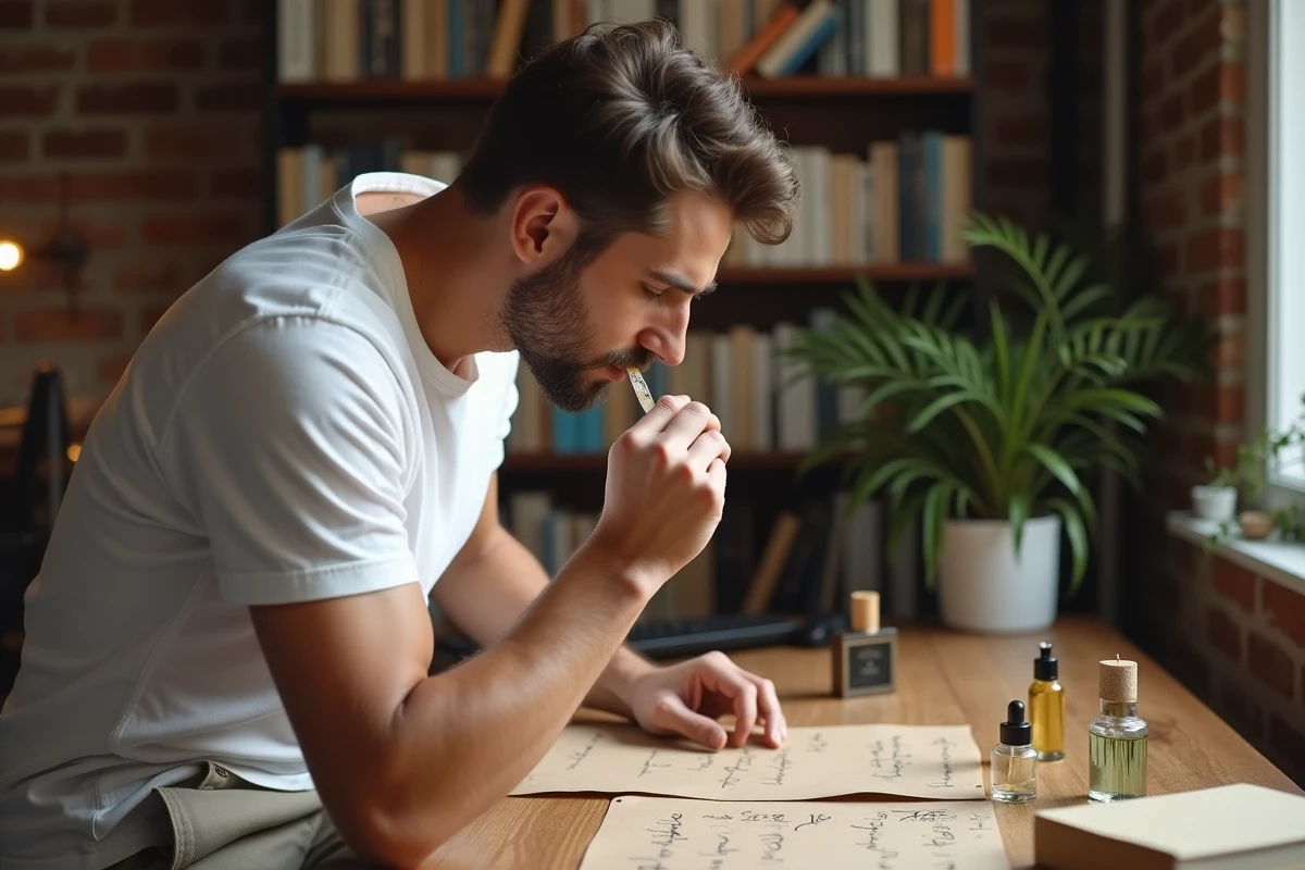 Homme évaluant des échantillons de parfum Fargance sur un bureau en bois avec des notes manuscrites