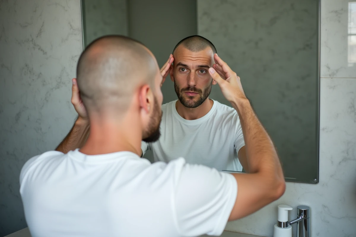 Homme aux golfes dégarnis touchant sa coupe buzz cut devant un miroir de salle de bain