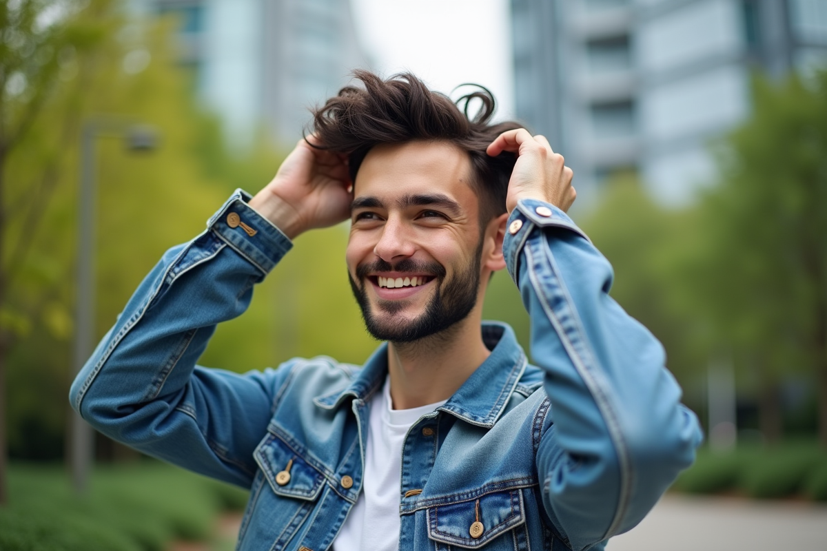 Homme souriant dans un jardin urbain verdoyant