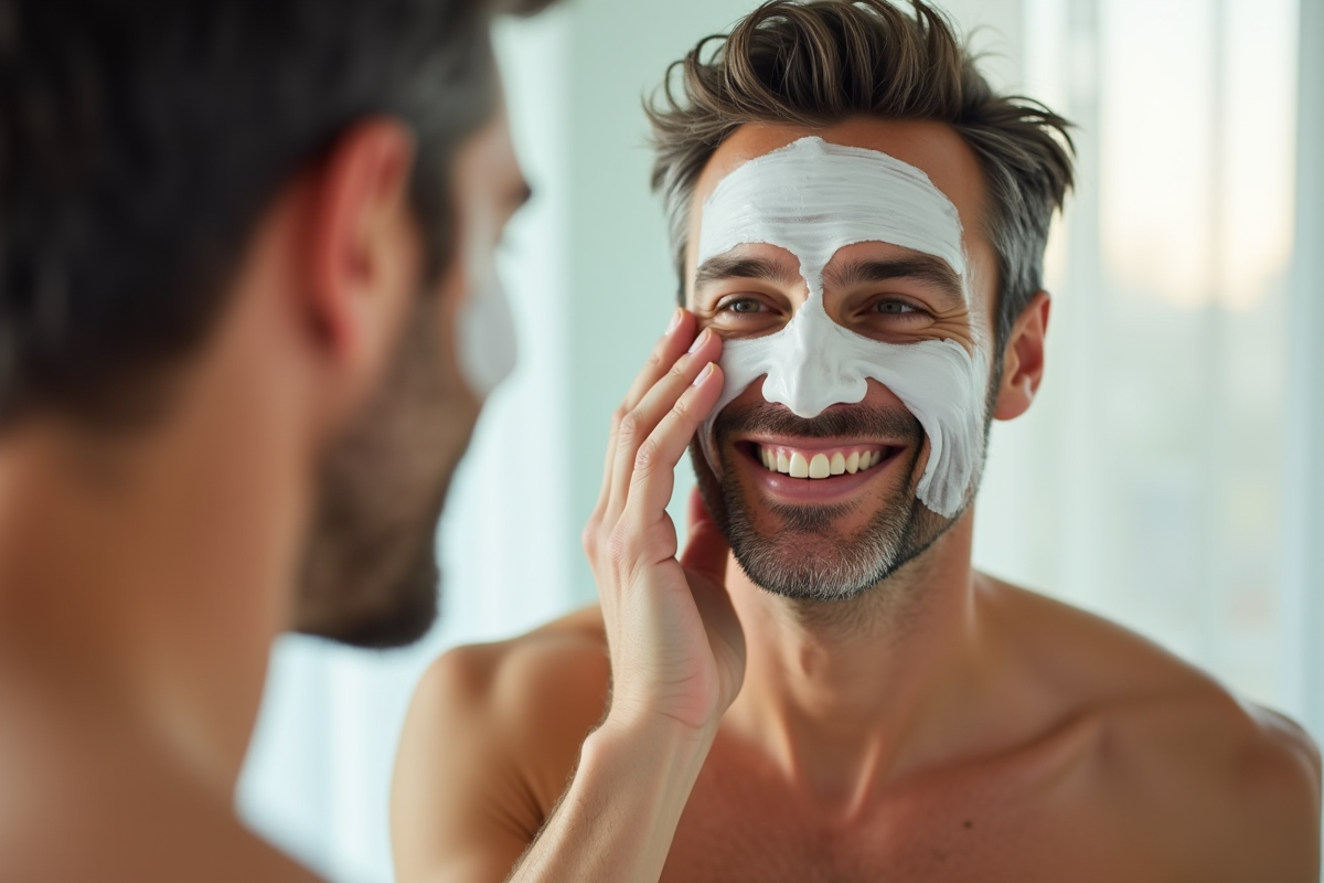 Homme mature appliquant un masque visage dans la salle de bain