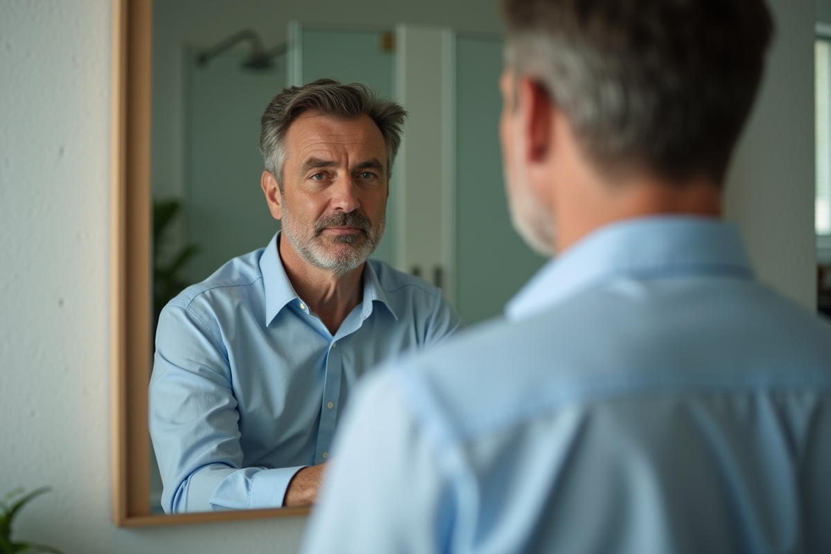 Homme d age moyen regardant son reflet dans un miroir