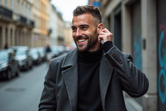 Jeune homme mode en rue avec coiffure textured et manteau wool