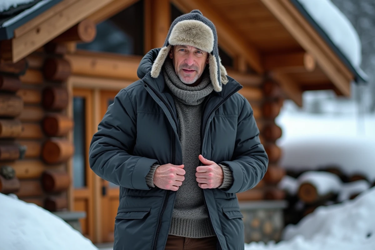 Homme ajustant sa veste devant un chalet en montagne enneigee