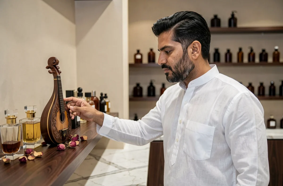 Homme en kandura blanc choisissant un parfum Abdul Samad dans une boutique de parfumerie orientale contemporaine