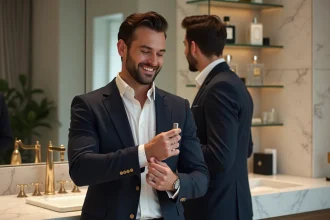 Homme élégant appliquant un parfum dans une salle de bain moderne