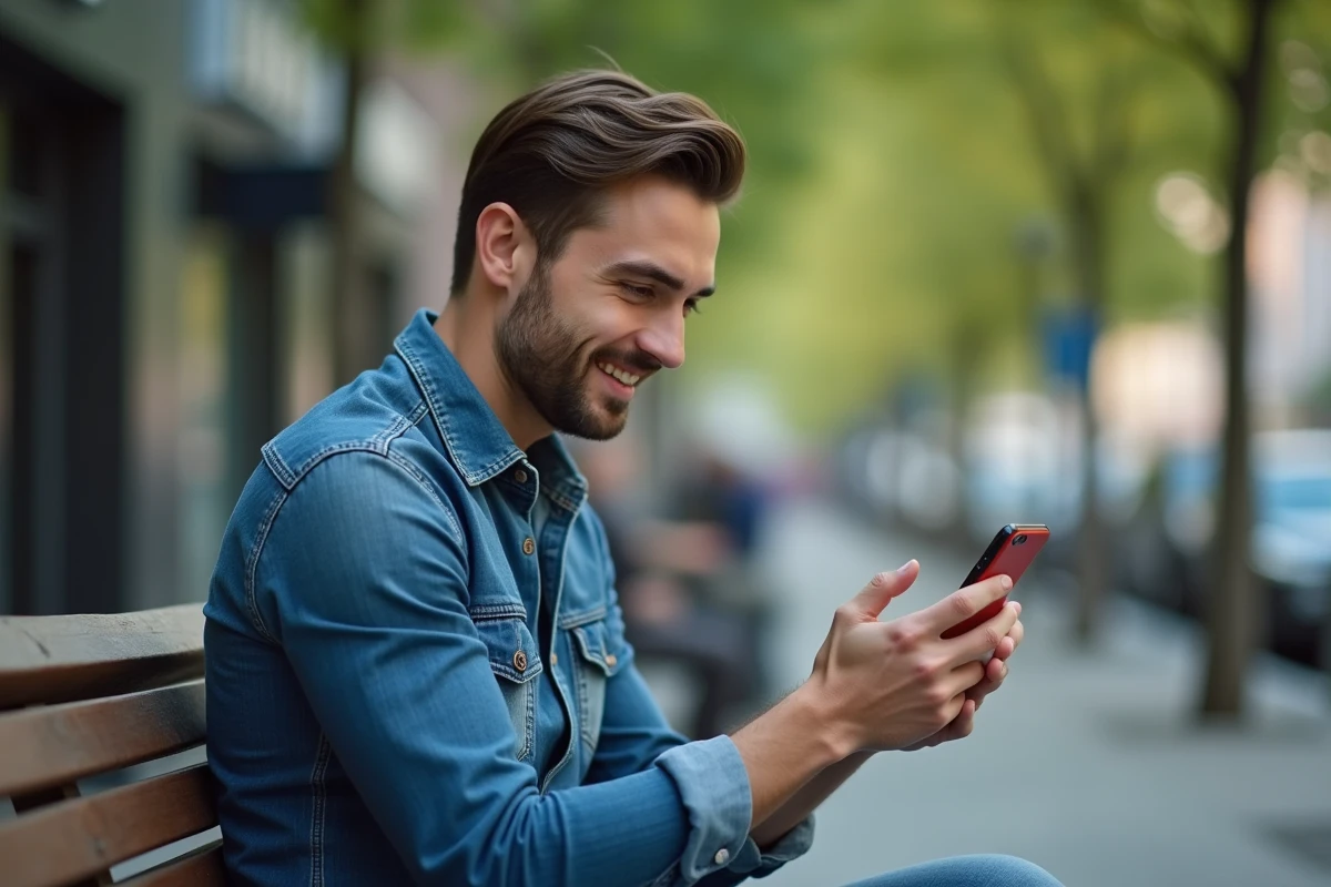 Homme comparant des prix de parfums dans un parc urbain