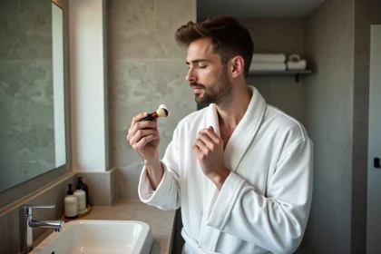 Homme en peignoir blanc appliquant la mousse &agrave; raser