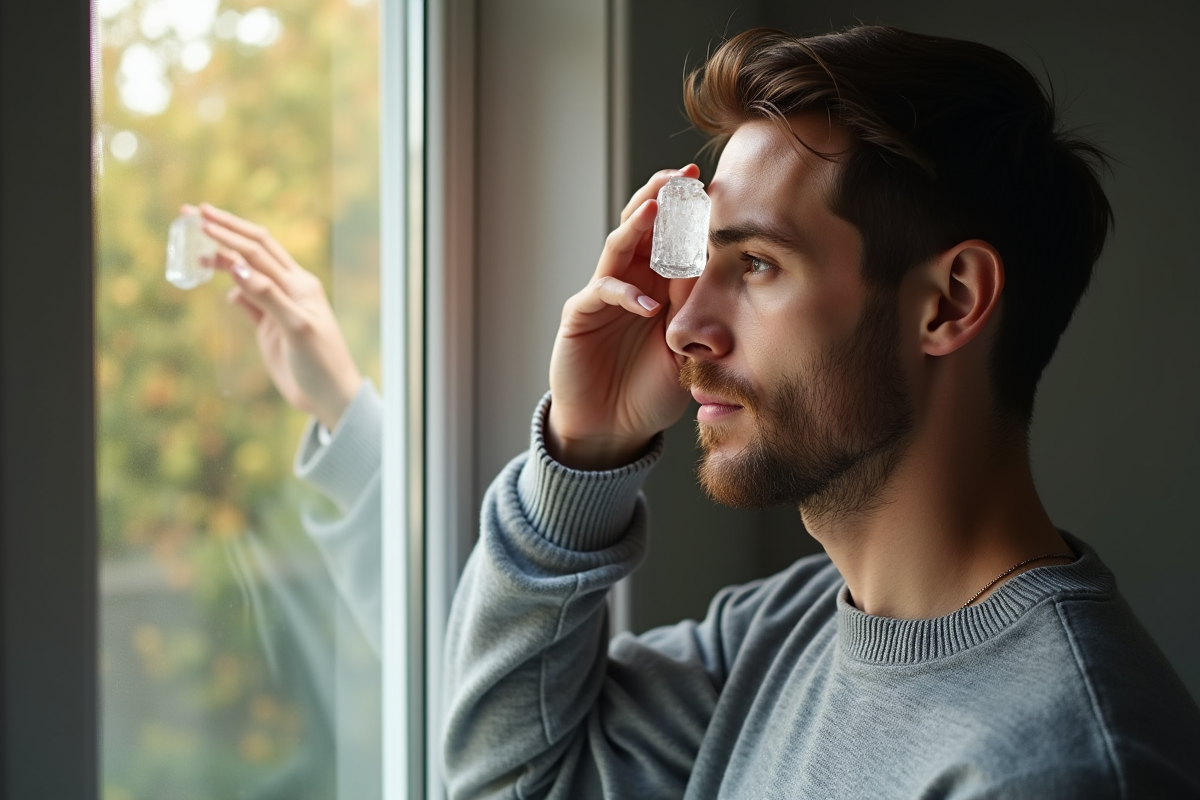 Jeune homme pressant un glaçon sur le front devant une fenêtre ensoleillee