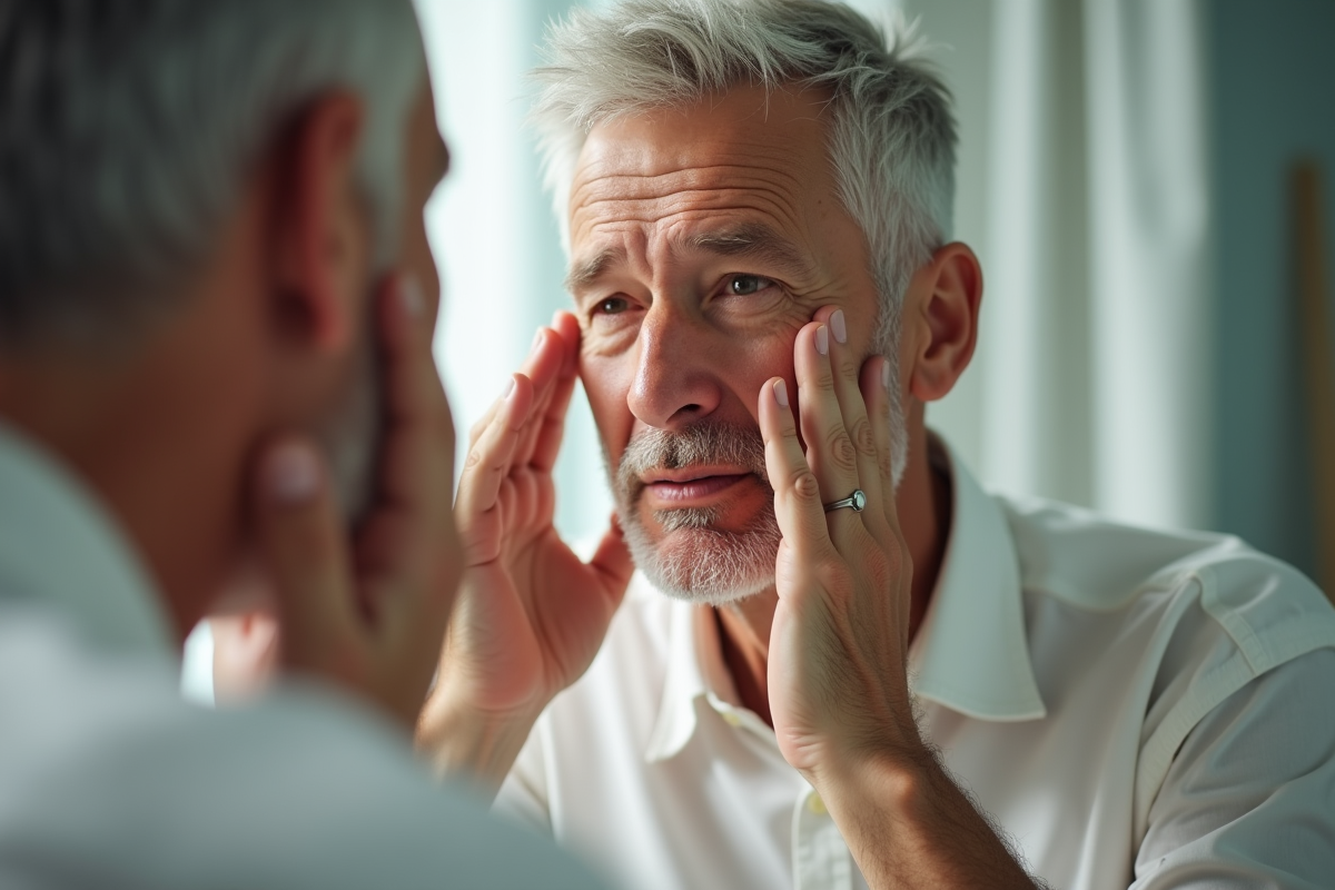 Homme regardant son reflet dans le miroir du matin
