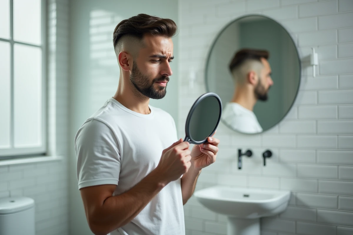Homme dans une salle de bain inspectant un dégradé blanc inégal à l'arrière de la tête avec un miroir à main