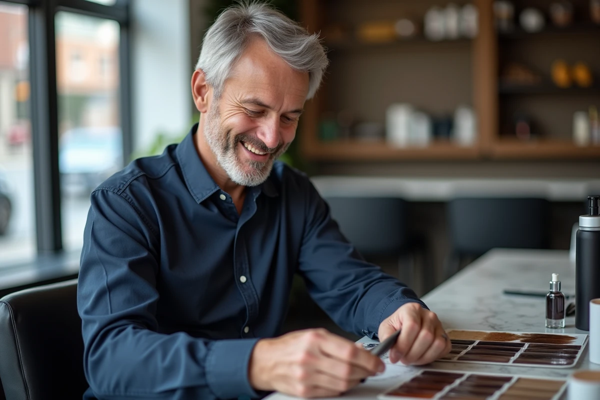 Homme souriant examinant des échantillons de couleur dans un salon de coiffure