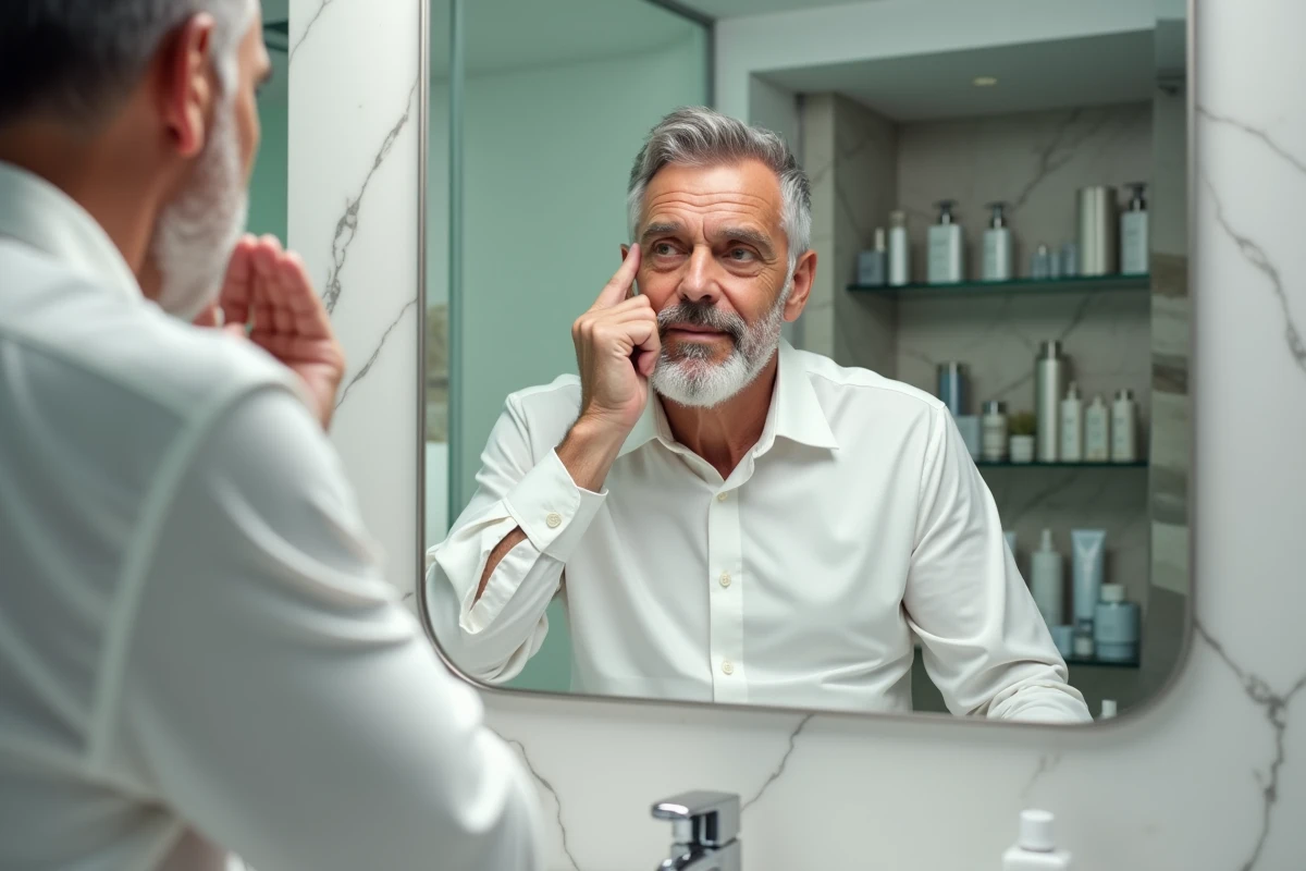Homme applique un serum anti-ride devant un miroir de salle de bain moderne